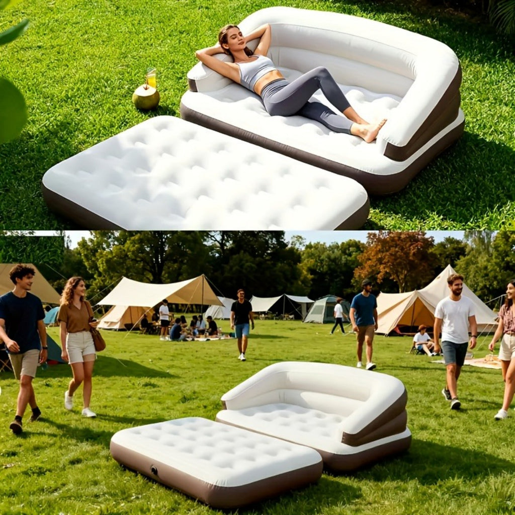 5-in-1 Inflatable Folding Sofa Bed, Twin-Size Air Mattress with Built-in Headboard, Deep-Seat High-Back Inflatable Sofa, Portable Indoor/Outdoor Air Couch Ideal for Napping, Camping, Travel, Gardens Futon Sleeper Sofa Convertible Sofa
