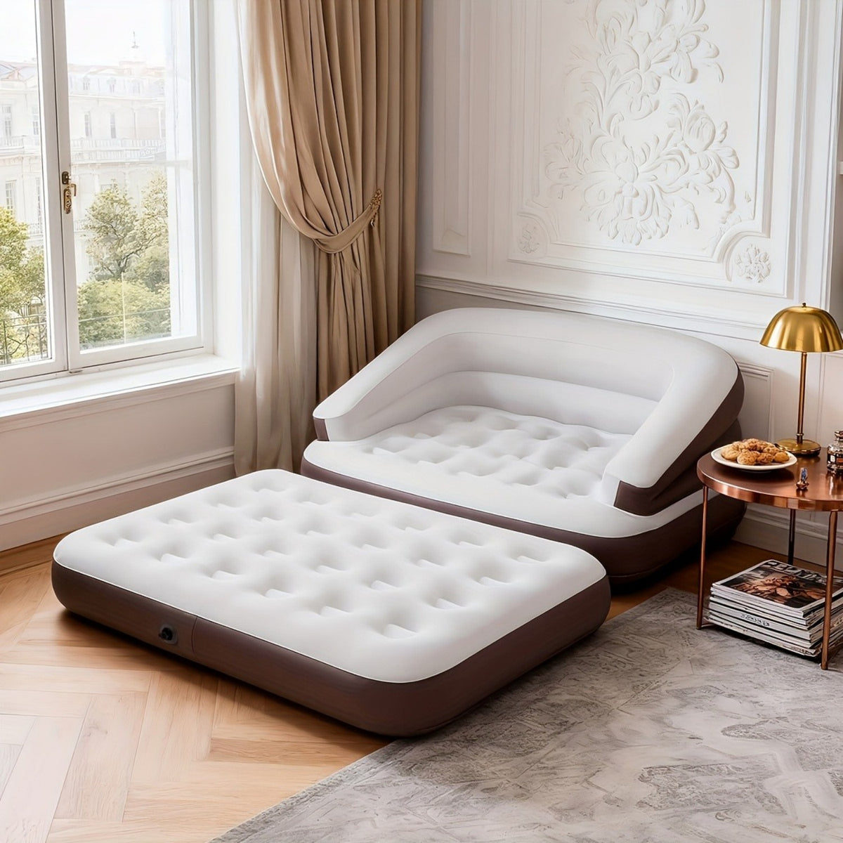 5-in-1 Inflatable Folding Sofa Bed, Twin-Size Air Mattress with Built-in Headboard, Deep-Seat High-Back Inflatable Sofa, Portable Indoor/Outdoor Air Couch Ideal for Napping, Camping, Travel, Gardens Futon Sleeper Sofa Convertible Sofa