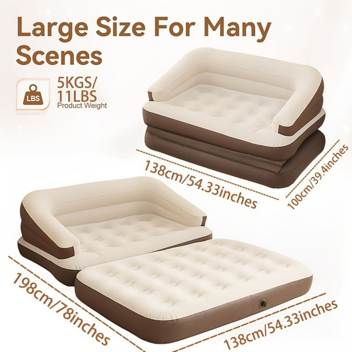 5-in-1 Inflatable Folding Sofa Bed, Twin-Size Air Mattress with Built-in Headboard, Deep-Seat High-Back Inflatable Sofa, Portable Indoor/Outdoor Air Couch Ideal for Napping, Camping, Travel, Gardens Futon Sleeper Sofa Convertible Sofa