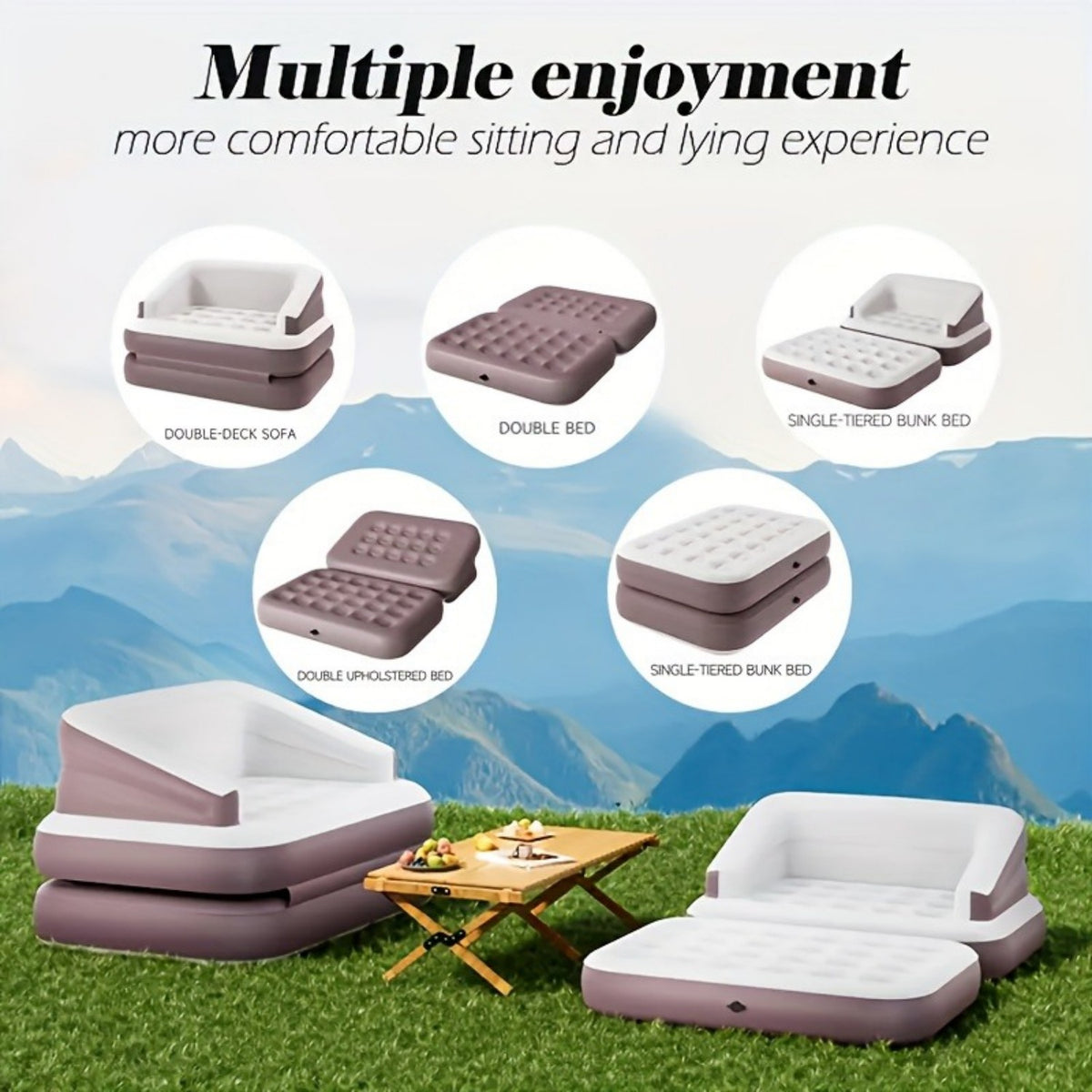 5-in-1 Inflatable Folding Sofa Bed, Twin-Size Air Mattress with Built-in Headboard, Deep-Seat High-Back Inflatable Sofa, Portable Indoor/Outdoor Air Couch Ideal for Napping, Camping, Travel, Gardens Futon Sleeper Sofa Convertible Sofa