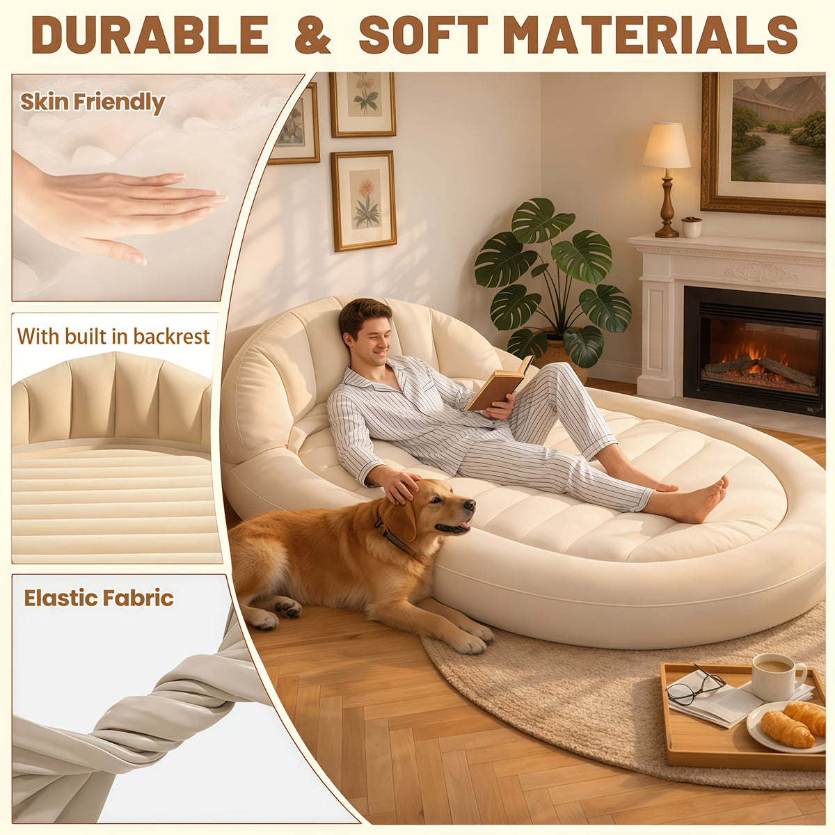 Ergonomic Travel Inflatable Air Bed with Backrest & Built-in Headboard - Portable Lounge Sofa, Included Air Pump, All Seasons Camping Backpacking Beach Gear for Couples, Guest Rooms (Sports & Outdoor Sleeping Gear)