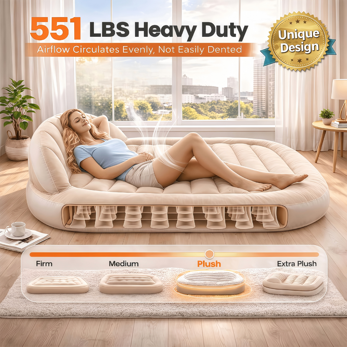 Ergonomic Travel Inflatable Air Bed with Backrest & Built-in Headboard - Portable Lounge Sofa, Included Air Pump, All Seasons Camping Backpacking Beach Gear for Couples, Guest Rooms (Sports & Outdoor Sleeping Gear)