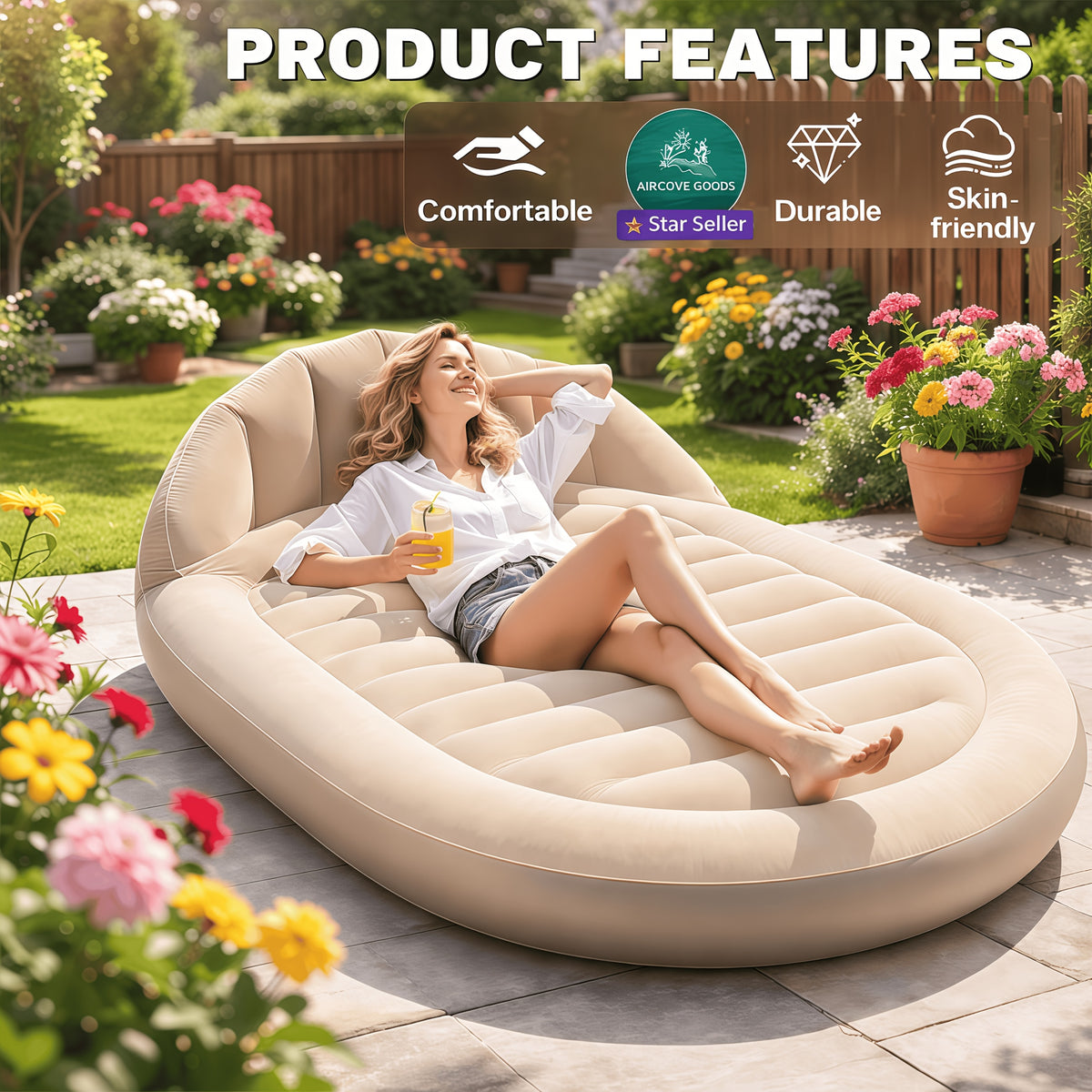 Ergonomic Travel Inflatable Air Bed with Backrest & Built-in Headboard - Portable Lounge Sofa, Included Air Pump, All Seasons Camping Backpacking Beach Gear for Couples, Guest Rooms (Sports & Outdoor Sleeping Gear)