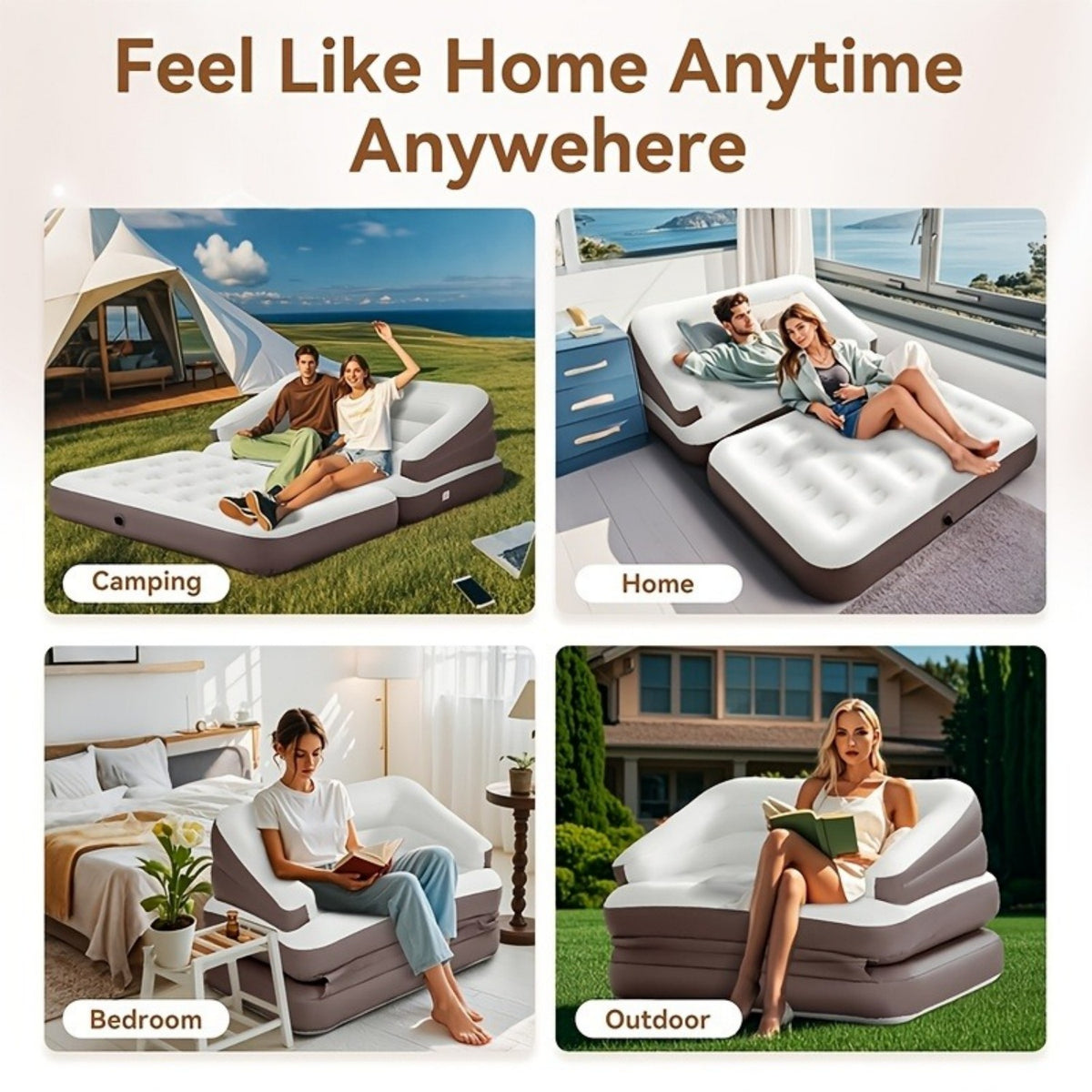 5-in-1 Inflatable Folding Sofa Bed, Twin-Size Air Mattress with Built-in Headboard, Deep-Seat High-Back Inflatable Sofa, Portable Indoor/Outdoor Air Couch Ideal for Napping, Camping, Travel, Gardens Futon Sleeper Sofa Convertible Sofa