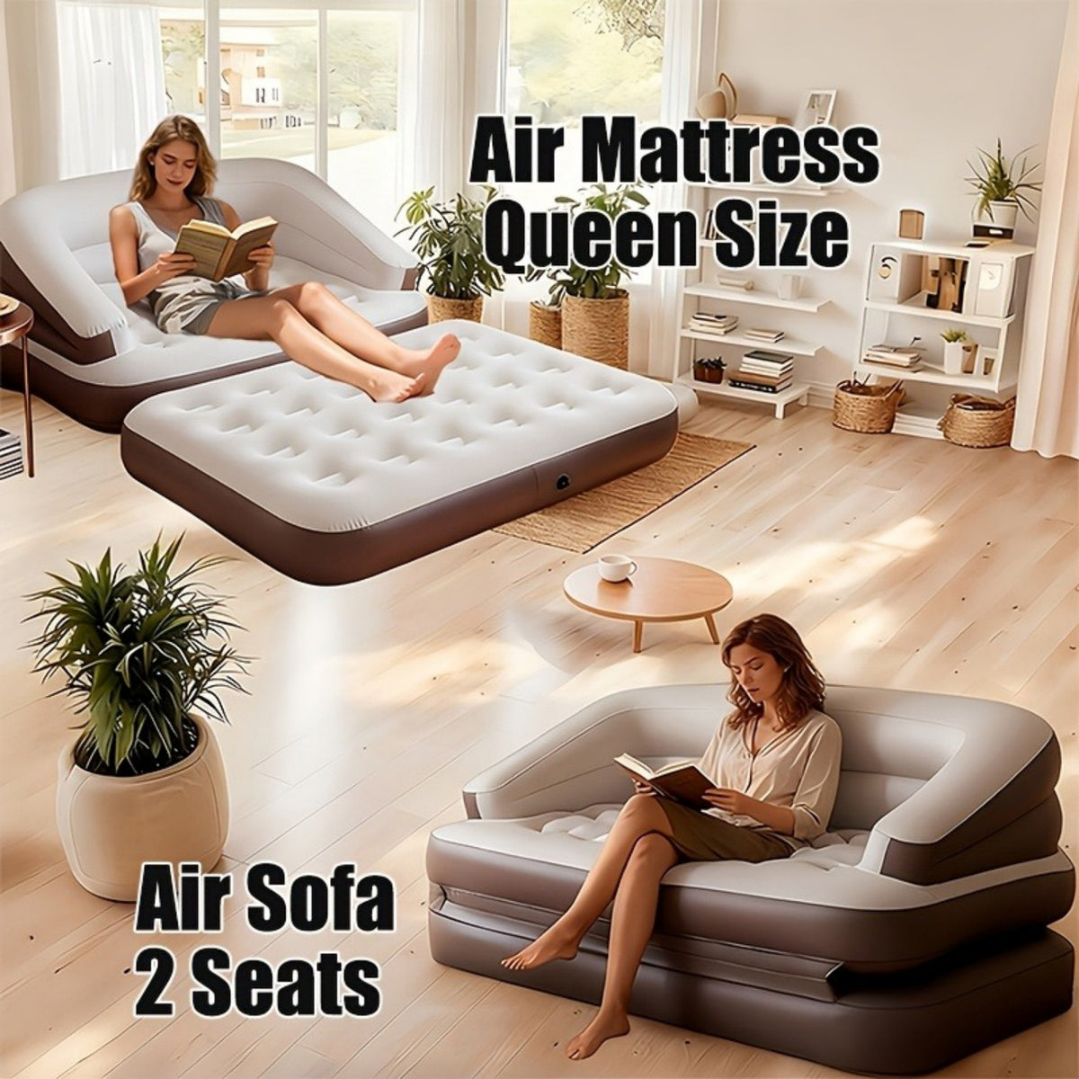 5-in-1 Inflatable Folding Sofa Bed, Twin-Size Air Mattress with Built-in Headboard, Deep-Seat High-Back Inflatable Sofa, Portable Indoor/Outdoor Air Couch Ideal for Napping, Camping, Travel, Gardens Futon Sleeper Sofa Convertible Sofa